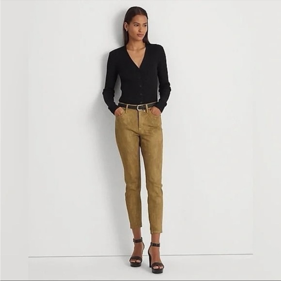 Polo Ralph Lauren Women Jeans Gold Metallic 24 HighRise Skinny Ankle Stretch NWT - Picture 1 of 9